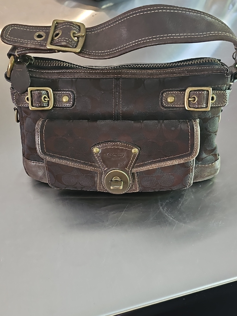 Coach Dark Brown Signature Canvas Messenger Bag with Brass Hardware